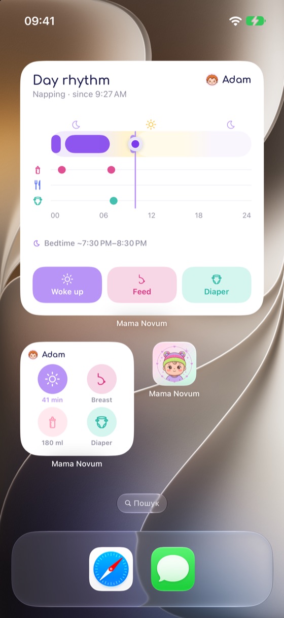 Widgets von Mama Novum auf dem Home-Bildschirm des iPhone: schnelles Eintragen, Tagesrhythmus und Schlafprognose